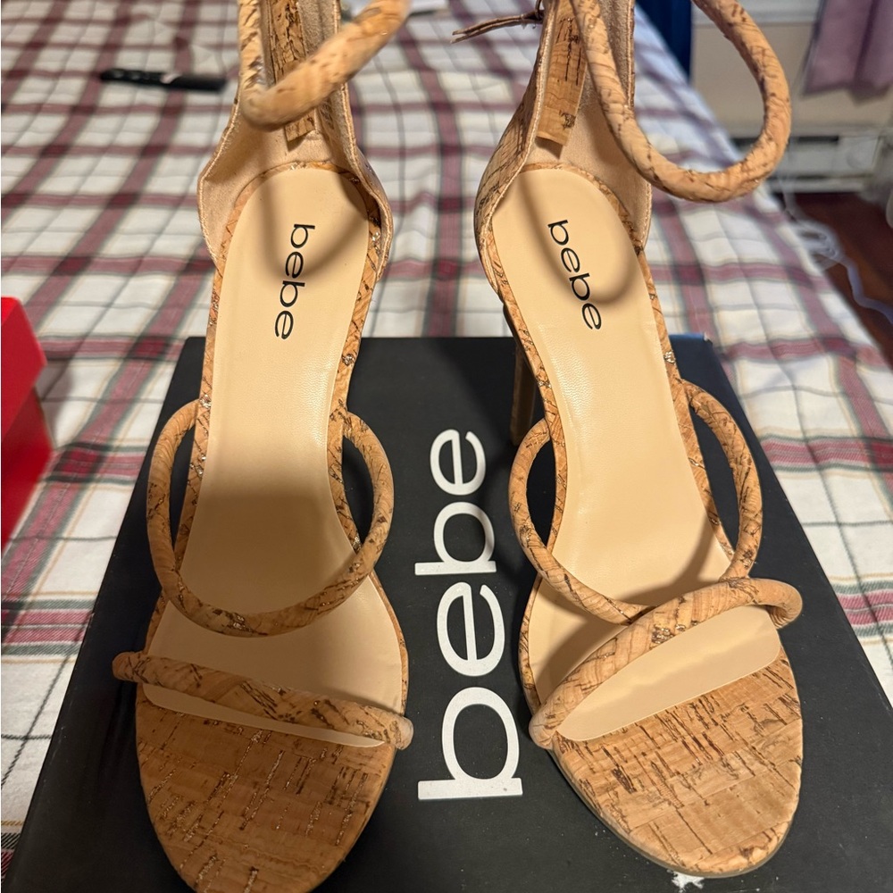 bebe Cork Strappy Block Heel Sandals - Natural Tan